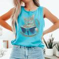 Cute Cat Reading Books With Tea Comfort Colors Tank Top Light Green