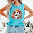 Cute Ghost Drinking Coffee Halloween Reading Book Retro Comfort Colors Tank Top Light Green