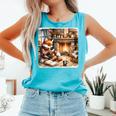 Fox Reads By Fireplace In Cabin Rustic Book Cozy Cup Tea Comfort Colors Tank Top Light Green