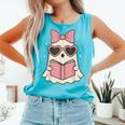 Ghost Reading Book Halloween Cat Lover Comfort Colors Tank Top Light Green