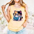 Adorable Book Lover Calico Cat With Reading Glasses Cute For Men Women Kids Comfort Colors Tank Top Grey