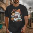 Cute Cozy Ghost Reading With Cat Book Lover Autumn Fall Unisex T-Shirt Cute Cozy Ghost Reading With Cat Book Lover Autumn Fall Unisex T-Shirt