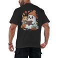 Cute Cozy Ghost Reading With Cat Book Lover Autumn Fall Men's Back Print T-Shirt