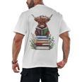 Cute Highland Cow With Book Floral Bookworm Librarian Book Men's Back Print T-Shirt