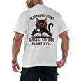 Read Banned Books Drink Coffee Fight Evil Retro Cat Men's Back Print T-Shirt Read Banned Books Drink Coffee Fight Evil Retro Cat Men's Back Print T-Shirt