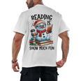 Reading Is Snow Much Fun Christmas Bookworm Snowman Reading Men's Back Print T-Shirt Reading Is Snow Much Fun Christmas Bookworm Snowman Reading Men's Back Print T-Shirt