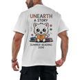 Unearth a Story Cute Kitten Summer Reading 2026 Cat Book Men's Back Print T-Shirt
