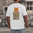 Cute Orange Tabby Cat Reading On Pile Of Books Men's Back Print T-Shirt Cute Orange Tabby Cat Reading On Pile Of Books Men's Back Print T-Shirt