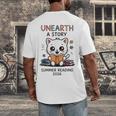 Unearth a Story Cute Kitten Summer Reading 2026 Cat Book Men's Back Print T-Shirt