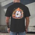 Cute Ghost Drinking Coffee Halloween Reading Book Retro Men's Back Print T-Shirt Cute Ghost Drinking Coffee Halloween Reading Book Retro Men's Back Print T-Shirt