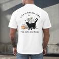 Life Is Better With Tea Cats And Books Cat Sayings Men's Back Print T-Shirt Life Is Better With Tea Cats And Books Cat Sayings Men's Back Print T-Shirt