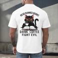 Read Banned Books Drink Coffee Fight Evil Retro Cat Men's Back Print T-Shirt Read Banned Books Drink Coffee Fight Evil Retro Cat Men's Back Print T-Shirt