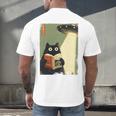 Vintage Japanese Cat Book Lovers UFO Alien Abduction Cat Dad Men's Back Print T-Shirt