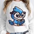 Adorable Book Lover Blue Jay With Reading Glasses Cute Raglan Baseball Tee Unisex Sweatshirt