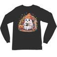 Cute Ghost Drinking Coffee Halloween Reading Book Retro Unisex Long Sleeve T-Shirt