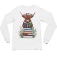Cute Highland Cow With Book Floral Bookworm Librarian Book Unisex Long Sleeve T-Shirt
