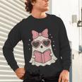 Ghost Reading Book Halloween Cat Lover Unisex Long Sleeve T-Shirt