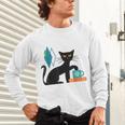 Cat Midcentury With Book And Coffee Atomic Age Mid Century Unisex Long Sleeve T-Shirt Cat Midcentury With Book And Coffee Atomic Age Mid Century Unisex Long Sleeve T-Shirt