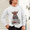 Cute Highland Cow With Book Floral Bookworm Librarian Book Unisex Long Sleeve T-Shirt