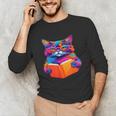 Cat Book Shirt Colorful Cat Reading Book Unisex Long Sleeve T-Shirt