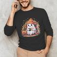 Cute Ghost Drinking Coffee Halloween Reading Book Retro Unisex Long Sleeve T-Shirt
