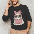 Ghost Reading Book Halloween Cat Lover Unisex Long Sleeve T-Shirt