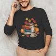 Vintage Books Tea Lovers Fall Autumn Leaves And Pumpkins Unisex Long Sleeve T-Shirt