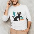 Cat Midcentury With Book And Coffee Atomic Age Mid Century Unisex Long Sleeve T-Shirt Cat Midcentury With Book And Coffee Atomic Age Mid Century Unisex Long Sleeve T-Shirt