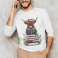 Cute Highland Cow With Book Floral Bookworm Librarian Book Unisex Long Sleeve T-Shirt