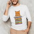 Cute Orange Tabby Cat Reading On Pile Of Books Unisex Long Sleeve T-Shirt Cute Orange Tabby Cat Reading On Pile Of Books Unisex Long Sleeve T-Shirt