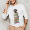 Cute Wiener Dog Dachshund Reading On Pile Of Books Unisex Long Sleeve T-Shirt Cute Wiener Dog Dachshund Reading On Pile Of Books Unisex Long Sleeve T-Shirt