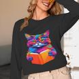 Cat Book Shirt Colorful Cat Reading Book Unisex Long Sleeve T-Shirt