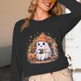 Cute Ghost Drinking Coffee Halloween Reading Book Retro Unisex Long Sleeve T-Shirt