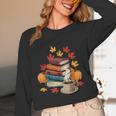 Vintage Books Tea Lovers Fall Autumn Leaves And Pumpkins Unisex Long Sleeve T-Shirt