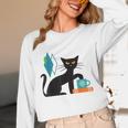 Cat Midcentury With Book And Coffee Atomic Age Mid Century Unisex Long Sleeve T-Shirt Cat Midcentury With Book And Coffee Atomic Age Mid Century Unisex Long Sleeve T-Shirt
