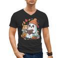 Cute Cozy Ghost Reading With Cat Book Lover Autumn Fall Men's V-Neck T-Shirt Cute Cozy Ghost Reading With Cat Book Lover Autumn Fall Men's V-Neck T-Shirt