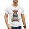 Cute Highland Cow With Book Floral Bookworm Librarian Book Men's V-Neck T-Shirt Cute Highland Cow With Book Floral Bookworm Librarian Book Men's V-Neck T-Shirt