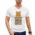 Cute Orange Tabby Cat Reading On Pile Of Books Men's V-Neck T-Shirt