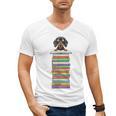 Cute Wiener Dog Dachshund Reading On Pile Of Books Men's V-Neck T-Shirt