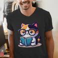 Adorable Book Lover Calico Cat With Reading Glasses Cute For Men Women Kids Men's V-Neck T-Shirt