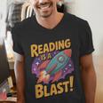 Book Lover Kids And Adults Reading Is a Blast Rocket Ship Men's V-Neck T-Shirt Book Lover Kids And Adults Reading Is a Blast Rocket Ship Men's V-Neck T-Shirt