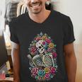 Book Lover Skeleton Reading With Dia De Los Muertos Flowers Men's V-Neck T-Shirt Book Lover Skeleton Reading With Dia De Los Muertos Flowers Men's V-Neck T-Shirt