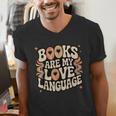 Books Are My Love Language Retro Groovy 70s Book Lover Men's V-Neck T-Shirt Books Are My Love Language Retro Groovy 70s Book Lover Men's V-Neck T-Shirt