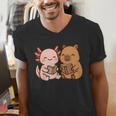 Capybara Axolotl Kawaii Kids Anime Book Lover Reading Men's V-Neck T-Shirt