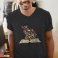 Cat Book Flowers Men's V-Neck T-Shirt