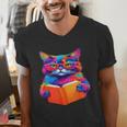 Cat Book Shirt Colorful Cat Reading Book Men's V-Neck T-Shirt