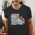 Cat On Books Pets Cats Reading Book Nerd Read Reader Bookcat Men's V-Neck T-Shirt
