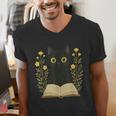 Cat Reading Book Flowers Men's V-Neck T-Shirt Cat Reading Book Flowers Men's V-Neck T-Shirt
