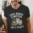 Cats Books And Matcha Life Is Perfect Green Tea Matcha Men's V-Neck T-Shirt