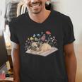 Color Floral Cute Pug Dog On Book Reading Bookworm Reader Men's V-Neck T-Shirt Color Floral Cute Pug Dog On Book Reading Bookworm Reader Men's V-Neck T-Shirt